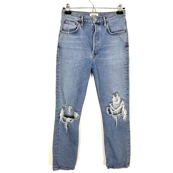 Agolde Women  Riley  Distressed  Jeans Sz 27 Button Fly High Rise Blue - Picture 1 of 7